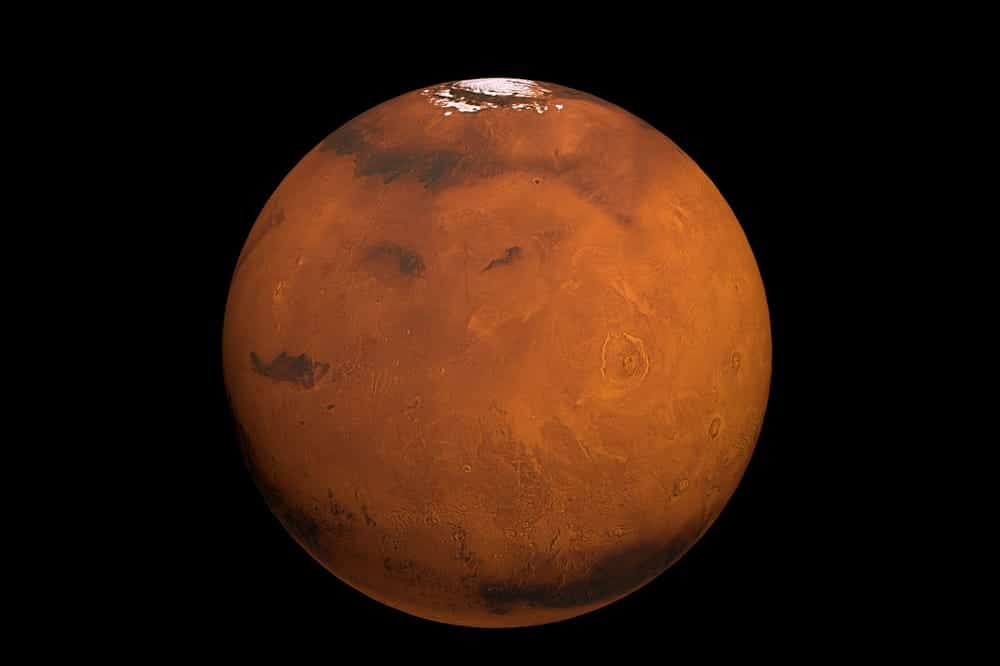 Mars with white polar cap shown