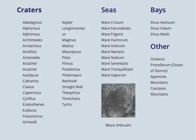Features of the moon listed are craters, seas, Bays, and other
