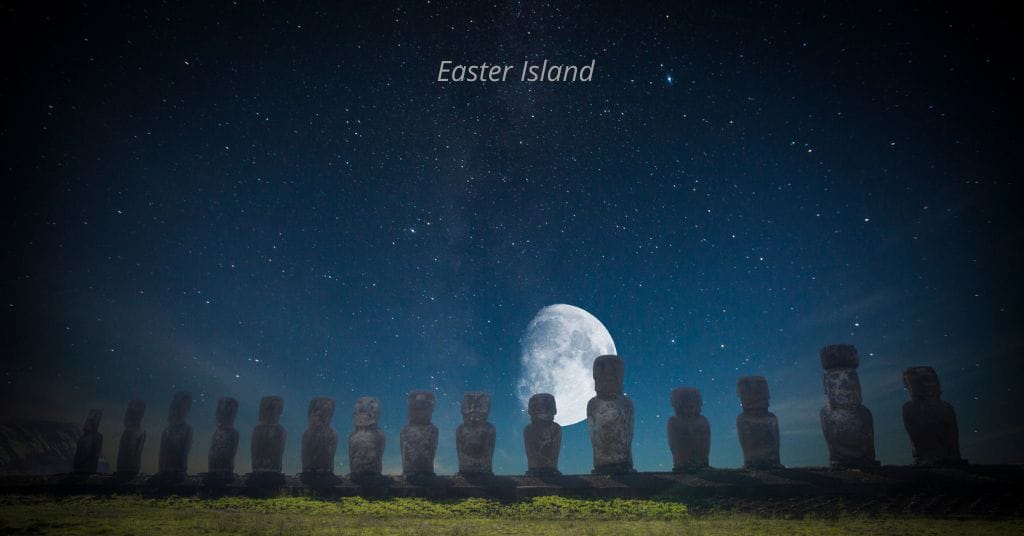 Easter Island moai shown with moon and stars at night
