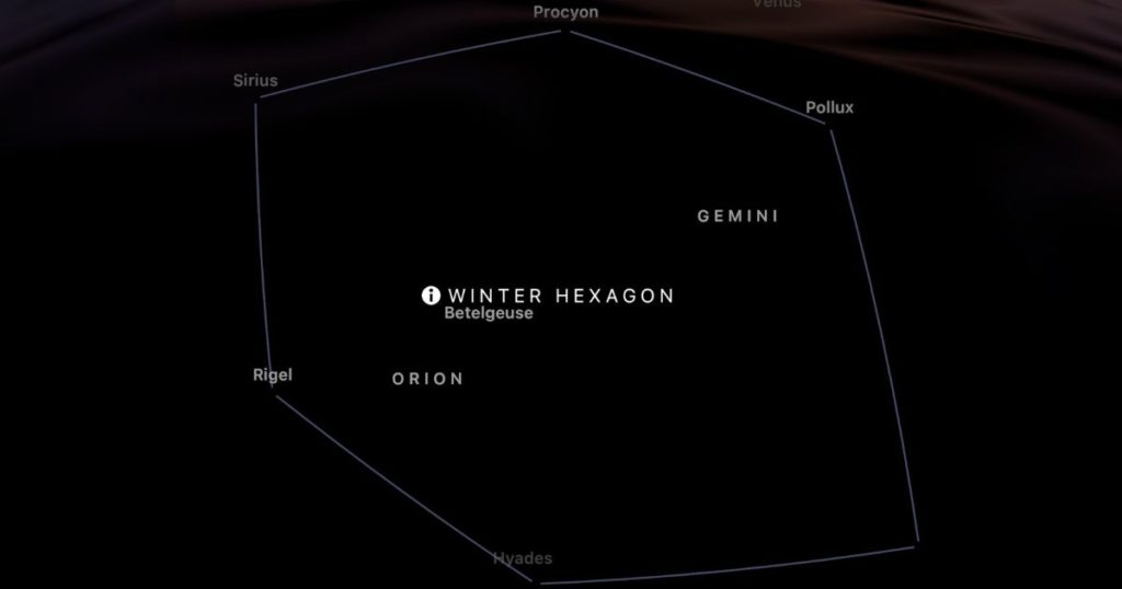winter hexagon in Orion, with Sirius, Rigel Hyades Procyon and Pollux shown