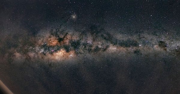 the celestial emu, the dark emu, aka Gawarrgay, in an enhanced image showing the dark constellation in the milky way as seen from southern hemisphere